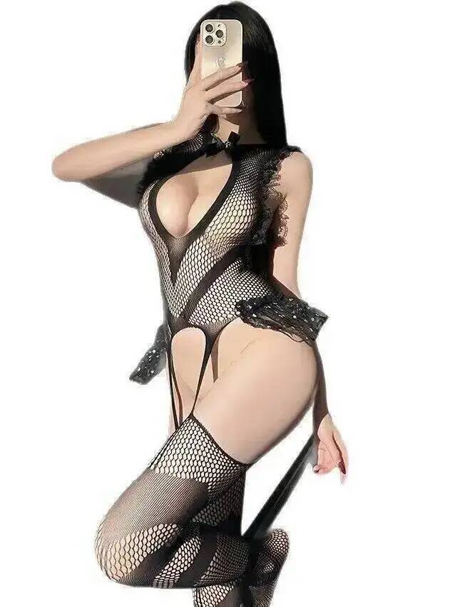 Fishnet Stocking Women - セクシーなレーストリムフィッシュネットボディストッキング網タイツ裸背露出尻女性ボディスーツ純粋な欲望魅力的な 8JAS