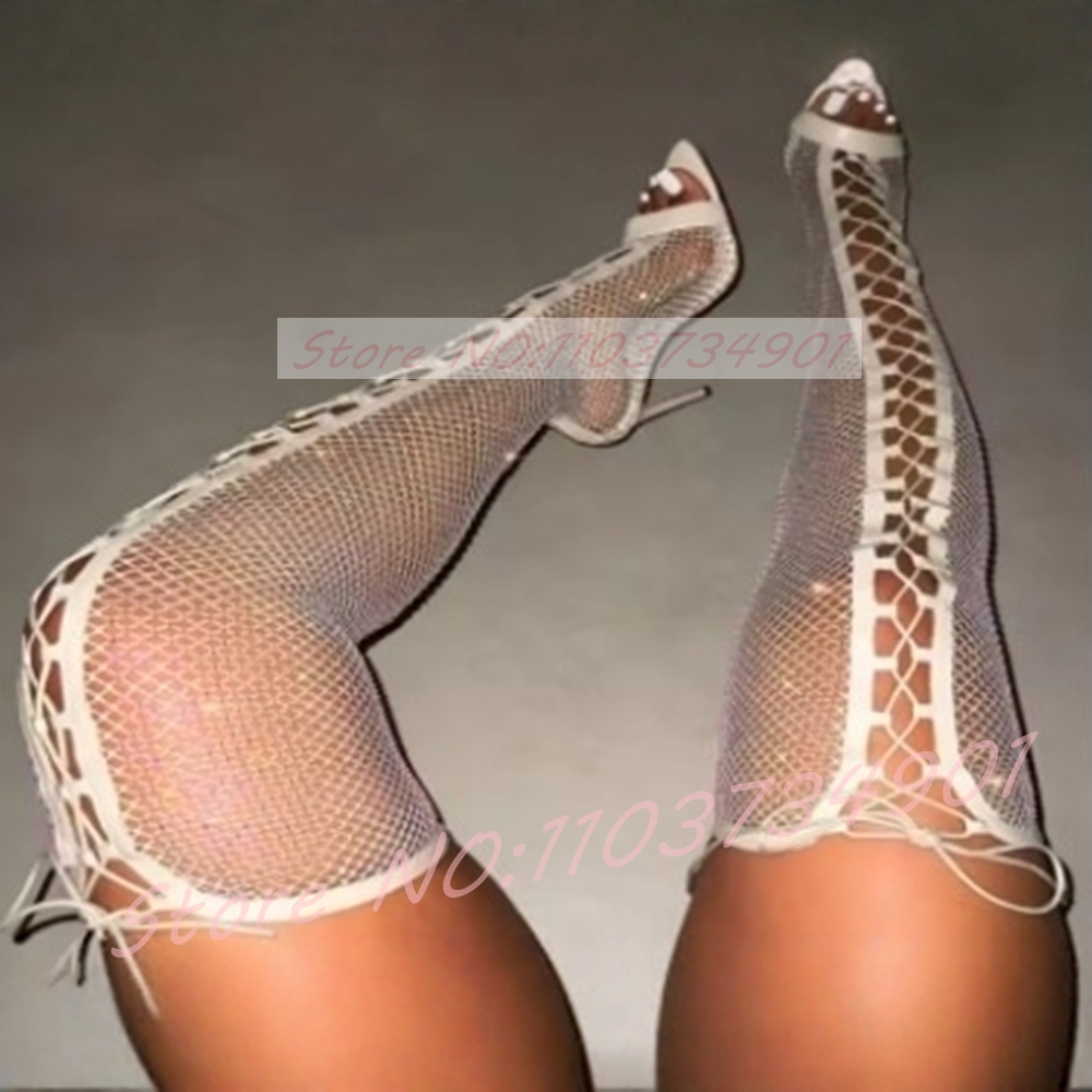 網タイツストッキングサイハイブーツ女性ピンククリスタルポイン - Fishnet Stocking Women のレビューと価格